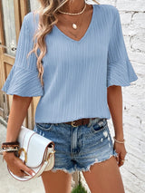 Beau Blue Textured V Neck Ruffled Sleeve Top from MsDressly