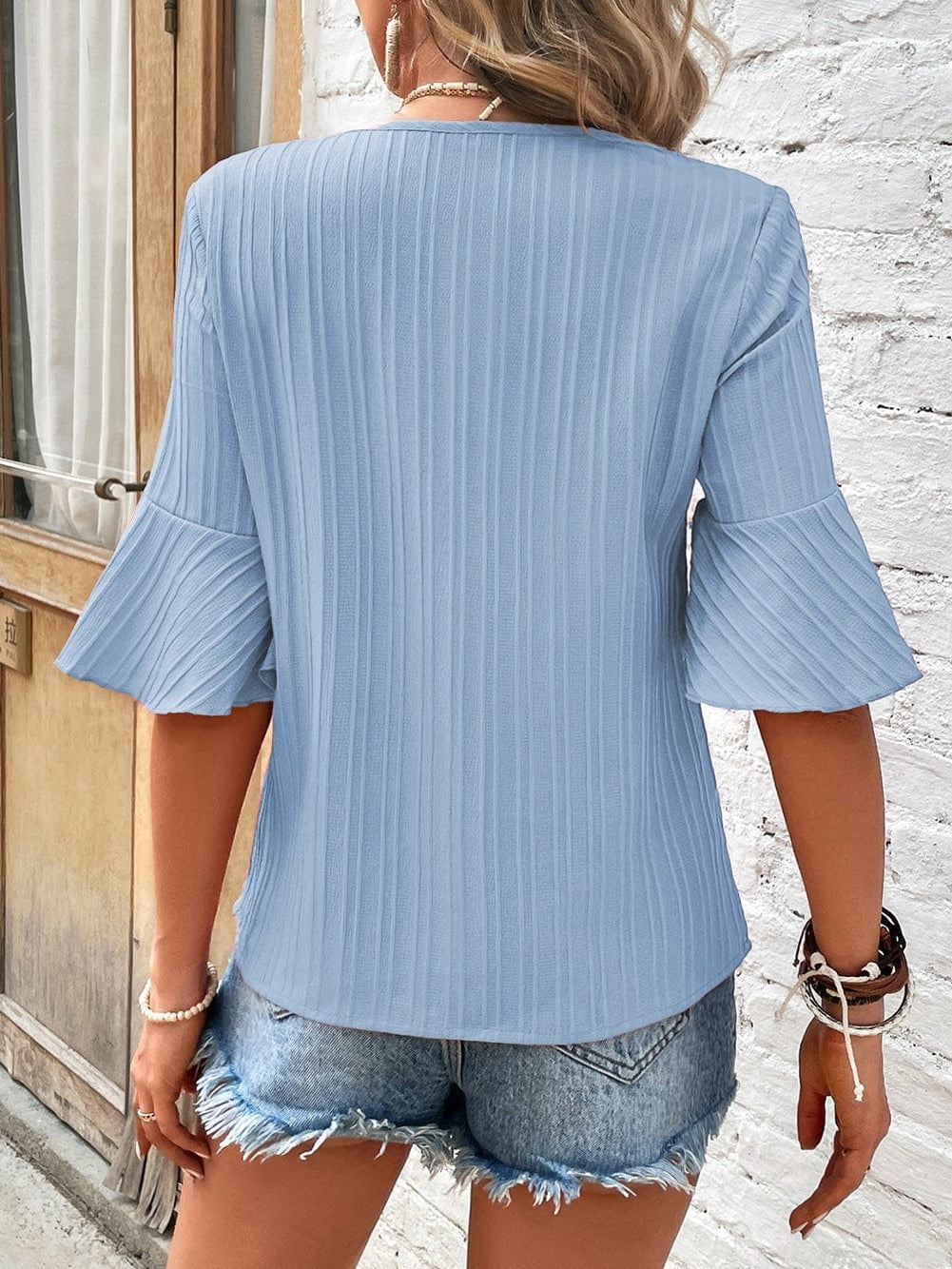 Beau Blue Textured V Neck Ruffled Sleeve Top from MsDressly