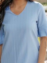 Beau Blue Textured V Neck Ruffled Sleeve Top from MsDressly