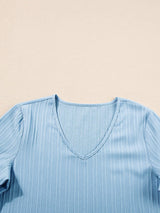 Beau Blue Textured V Neck Ruffled Sleeve Top from MsDressly