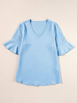 Beau Blue Textured V Neck Ruffled Sleeve Top from MsDressly