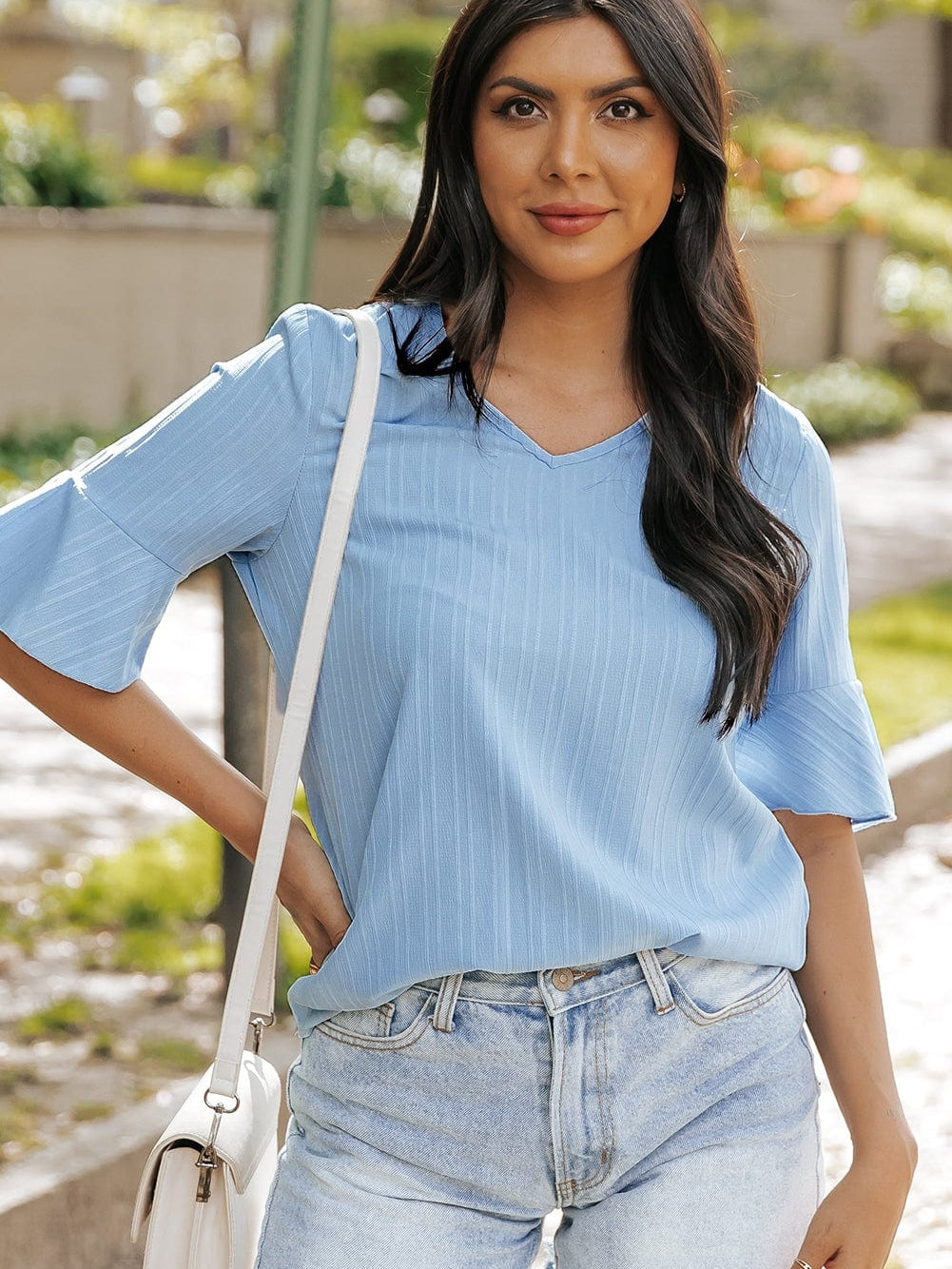 Beau Blue Textured V Neck Ruffled Sleeve Top from MsDressly