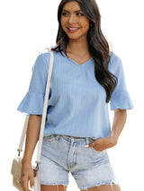 Beau Blue Textured V Neck Ruffled Sleeve Top from MsDressly