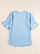 Beau Blue Textured V Neck Ruffled Sleeve Top from MsDressly