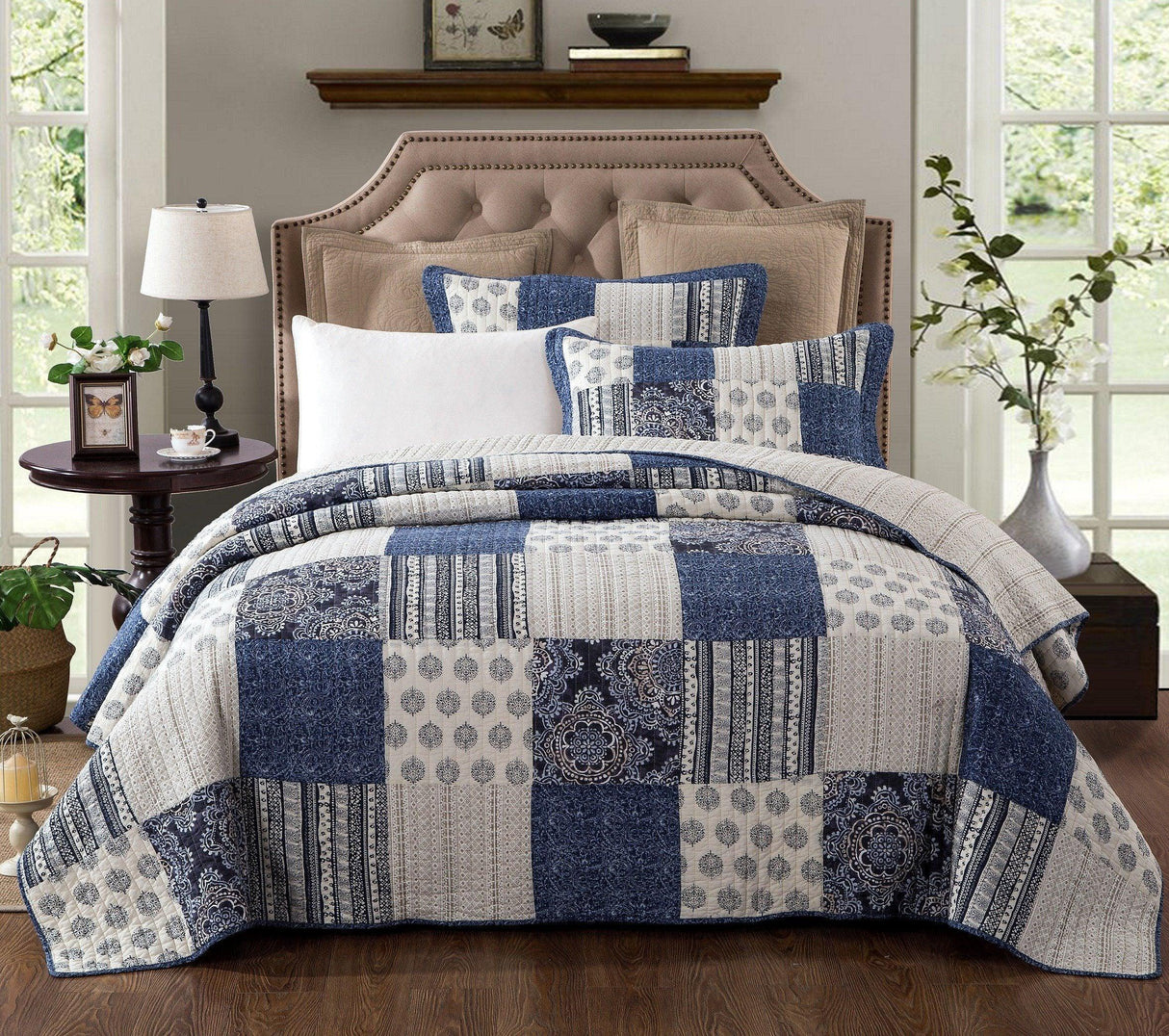 DaDa Bedding Bohemian Denim Blue Elegance Patchwork Cotton Bedspread Set (JHW-660) from DaDalogy Bedding Collection