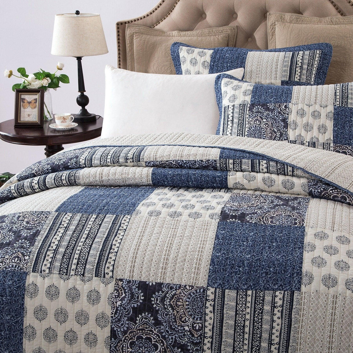 DaDa Bedding Bohemian Denim Blue Elegance Patchwork Cotton Bedspread Set (JHW-660) from DaDalogy Bedding Collection