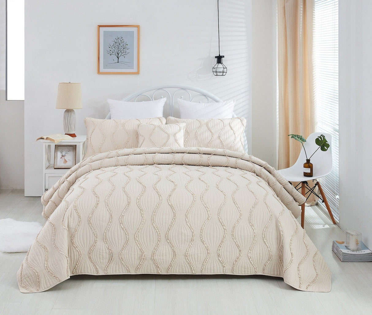 DaDa Bedding Soft Charming French Country Ruffles Quilted Cotton Bedspread Set - Ivory Cream Tan (JHW873) from DaDalogy Bedding Collection