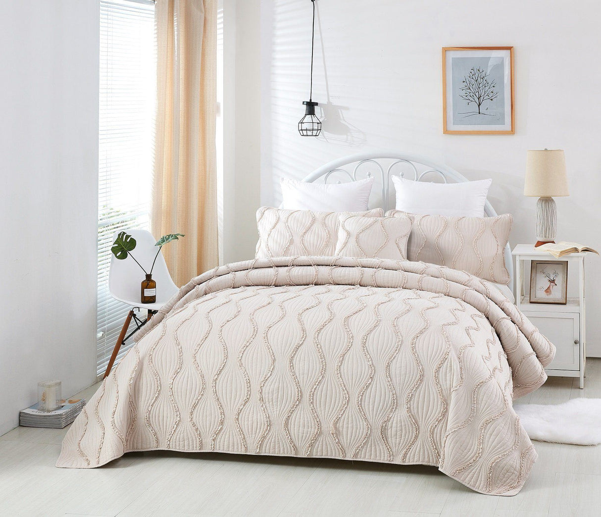 DaDa Bedding Soft Charming French Country Ruffles Quilted Cotton Bedspread Set - Ivory Cream Tan (JHW873) from DaDalogy Bedding Collection