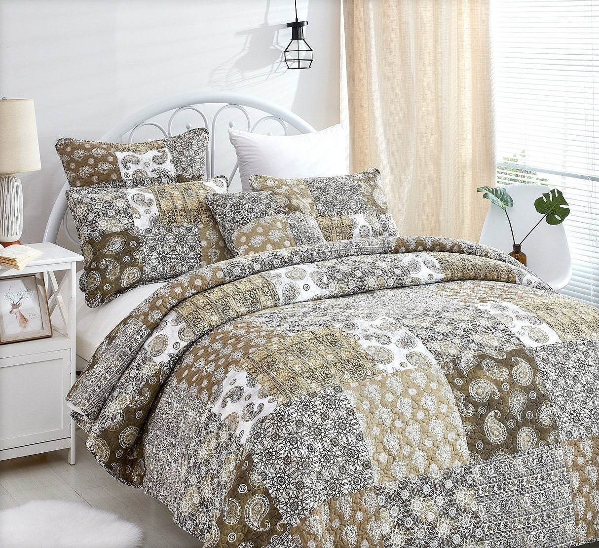 DaDa Bedding Bohemian Olive Brown Moroccan Paisley Floral Filigree Patchwork Cotton Bedspread Set (JHW-885) from DaDalogy Bedding Collection