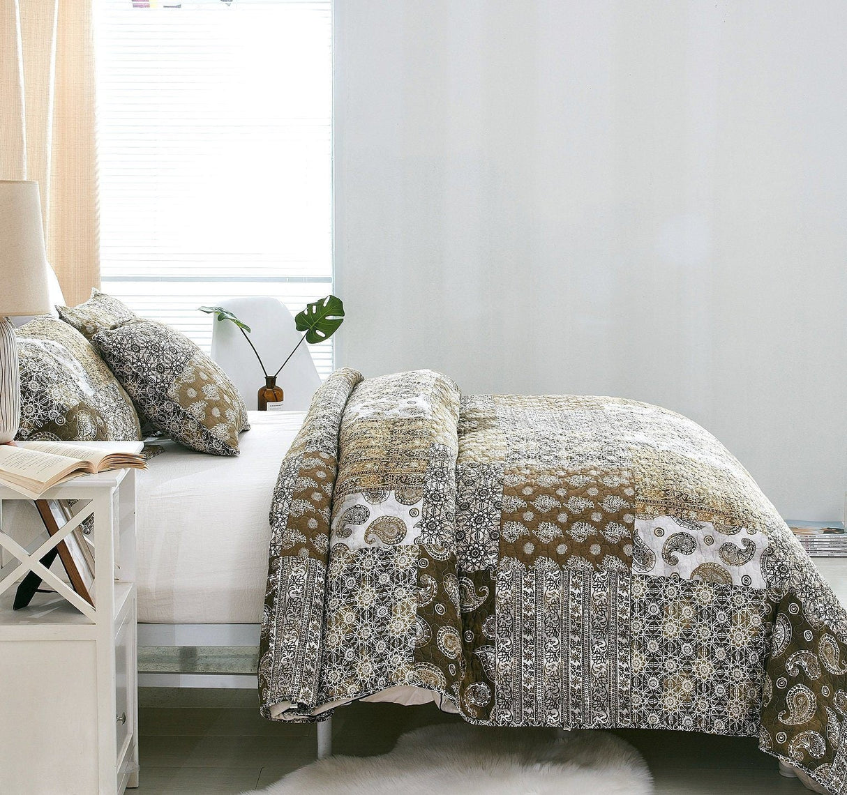 DaDa Bedding Bohemian Olive Brown Moroccan Paisley Floral Filigree Patchwork Cotton Bedspread Set (JHW-885) from DaDalogy Bedding Collection