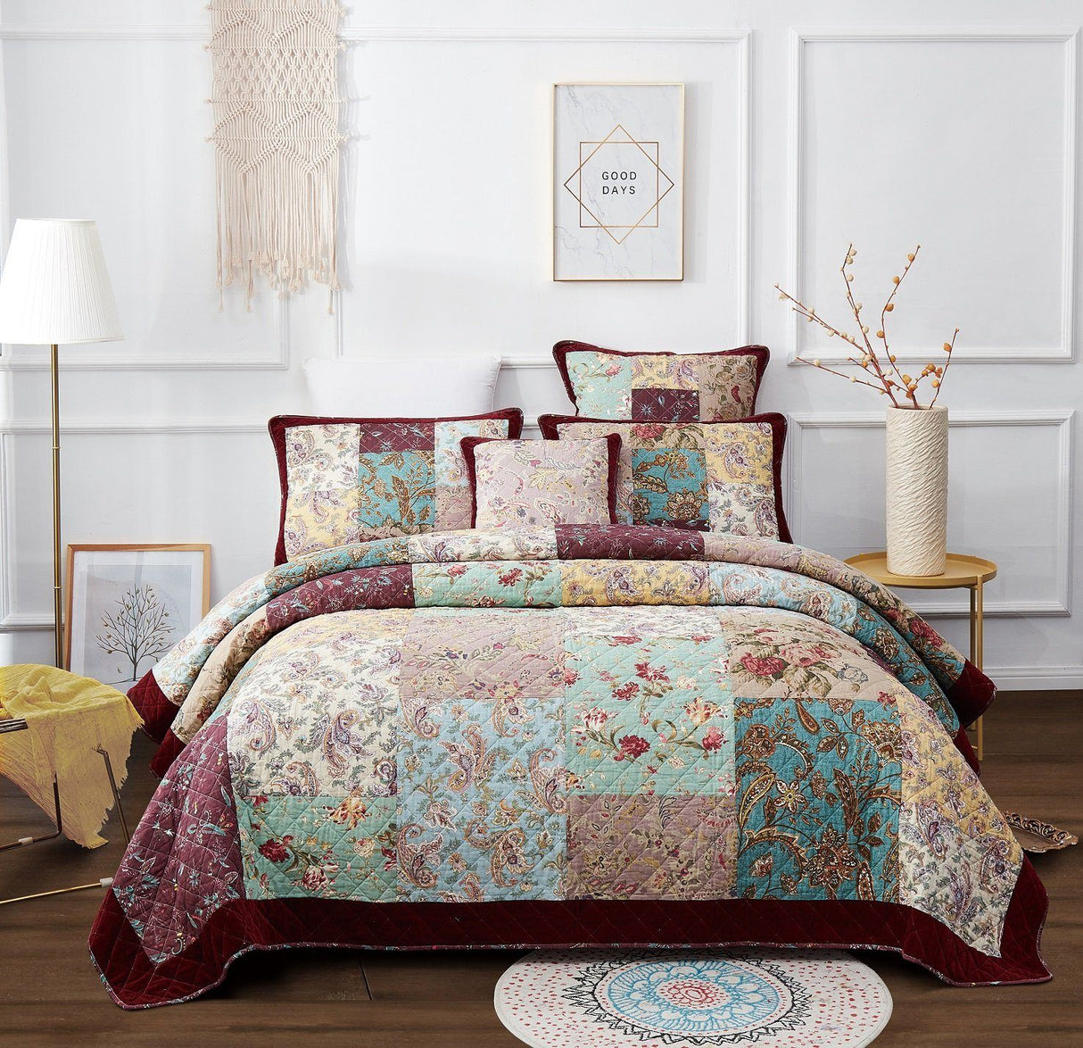 DaDa Bedding Bohemian Burgundy Red Velvet Trim Floral Paisley Patchwork Cotton Bedspread Set (JHW-868) from DaDalogy Bedding Collection