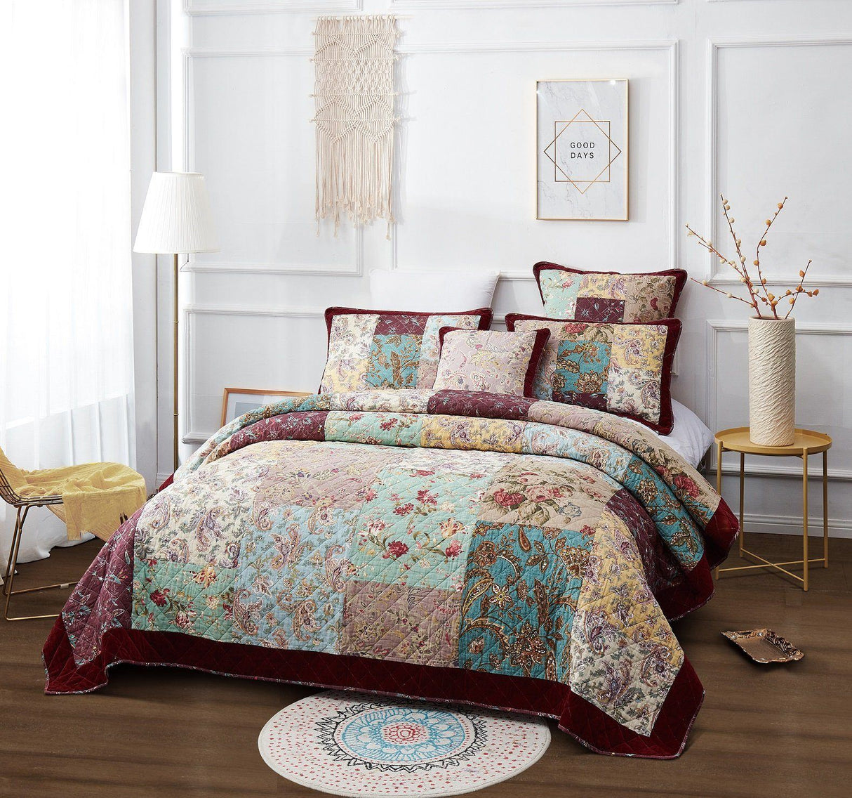 DaDa Bedding Bohemian Burgundy Red Velvet Trim Floral Paisley Patchwork Cotton Bedspread Set (JHW-868) from DaDalogy Bedding Collection