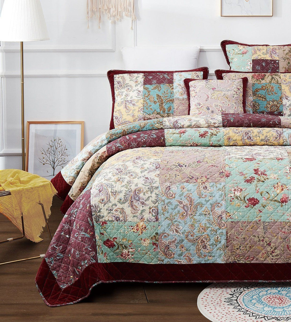 DaDa Bedding Bohemian Burgundy Red Velvet Trim Floral Paisley Patchwork Cotton Bedspread Set (JHW-868) from DaDalogy Bedding Collection