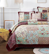 DaDa Bedding Bohemian Burgundy Red Velvet Trim Floral Paisley Patchwork Cotton Bedspread Set (JHW-868) from DaDalogy Bedding Collection