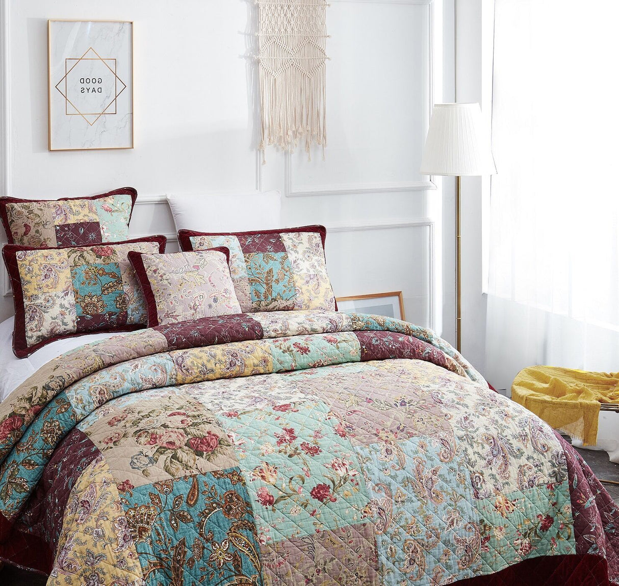 DaDa Bedding Bohemian Burgundy Red Velvet Trim Floral Paisley Patchwork Cotton Bedspread Set (JHW-868) from DaDalogy Bedding Collection