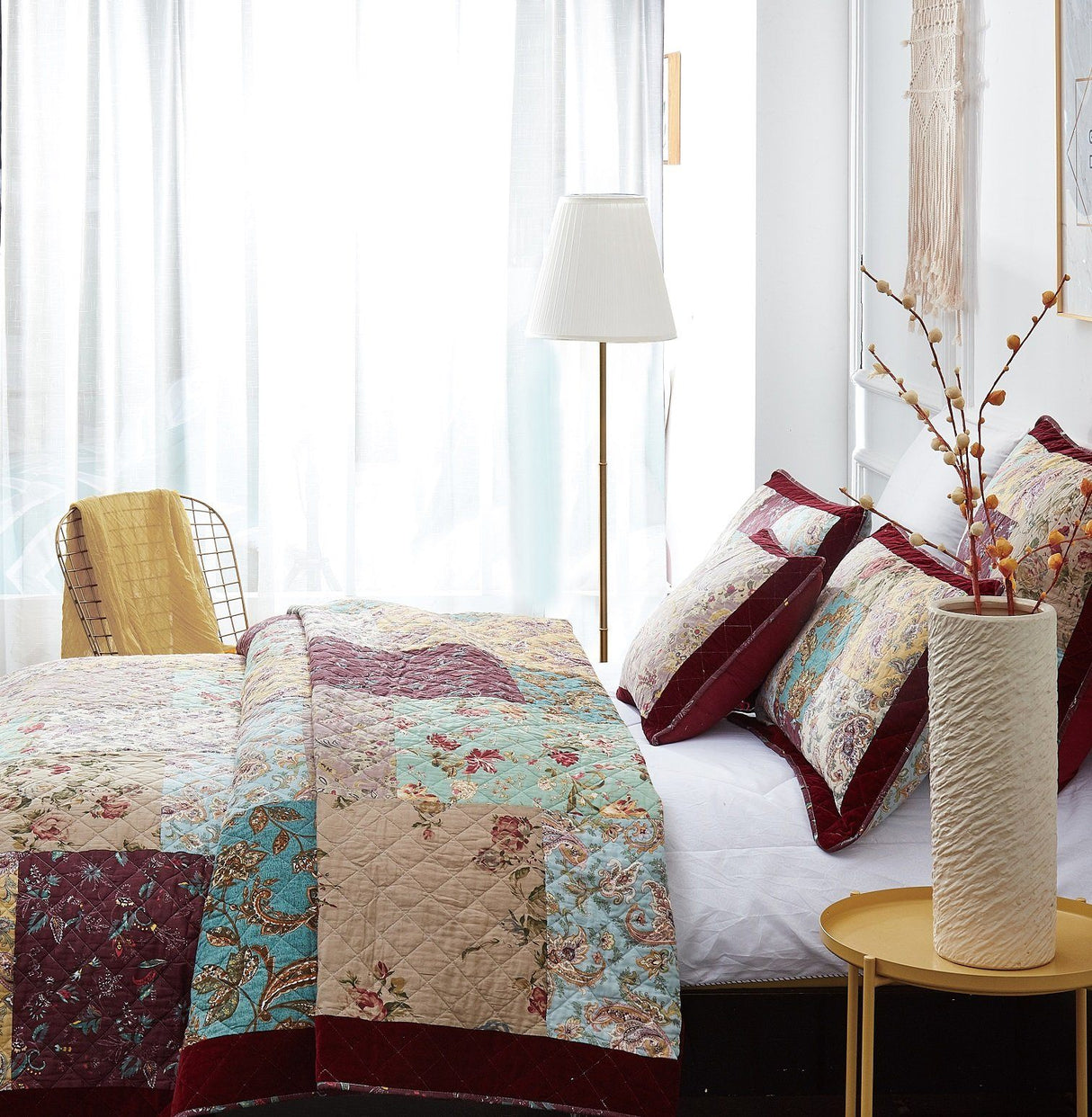 DaDa Bedding Bohemian Burgundy Red Velvet Trim Floral Paisley Patchwork Cotton Bedspread Set (JHW-868) from DaDalogy Bedding Collection