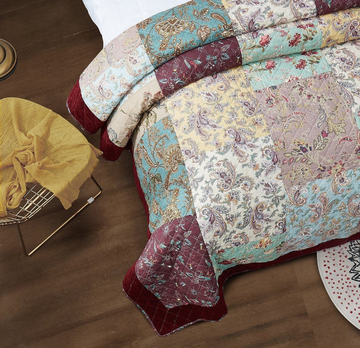 DaDa Bedding Bohemian Burgundy Red Velvet Trim Floral Paisley Patchwork Cotton Bedspread Set (JHW-868) from DaDalogy Bedding Collection