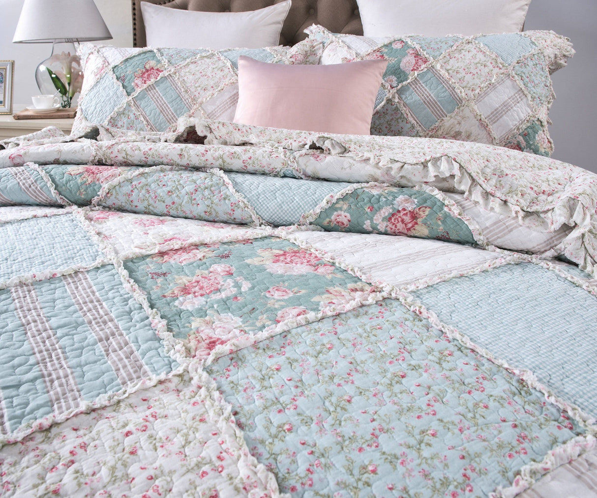 DaDa Bedding Hint of Mint Floral Pastel Cotton Patchwork Ruffle Bedspread Set (JHW-3036) from DaDalogy Bedding Collection