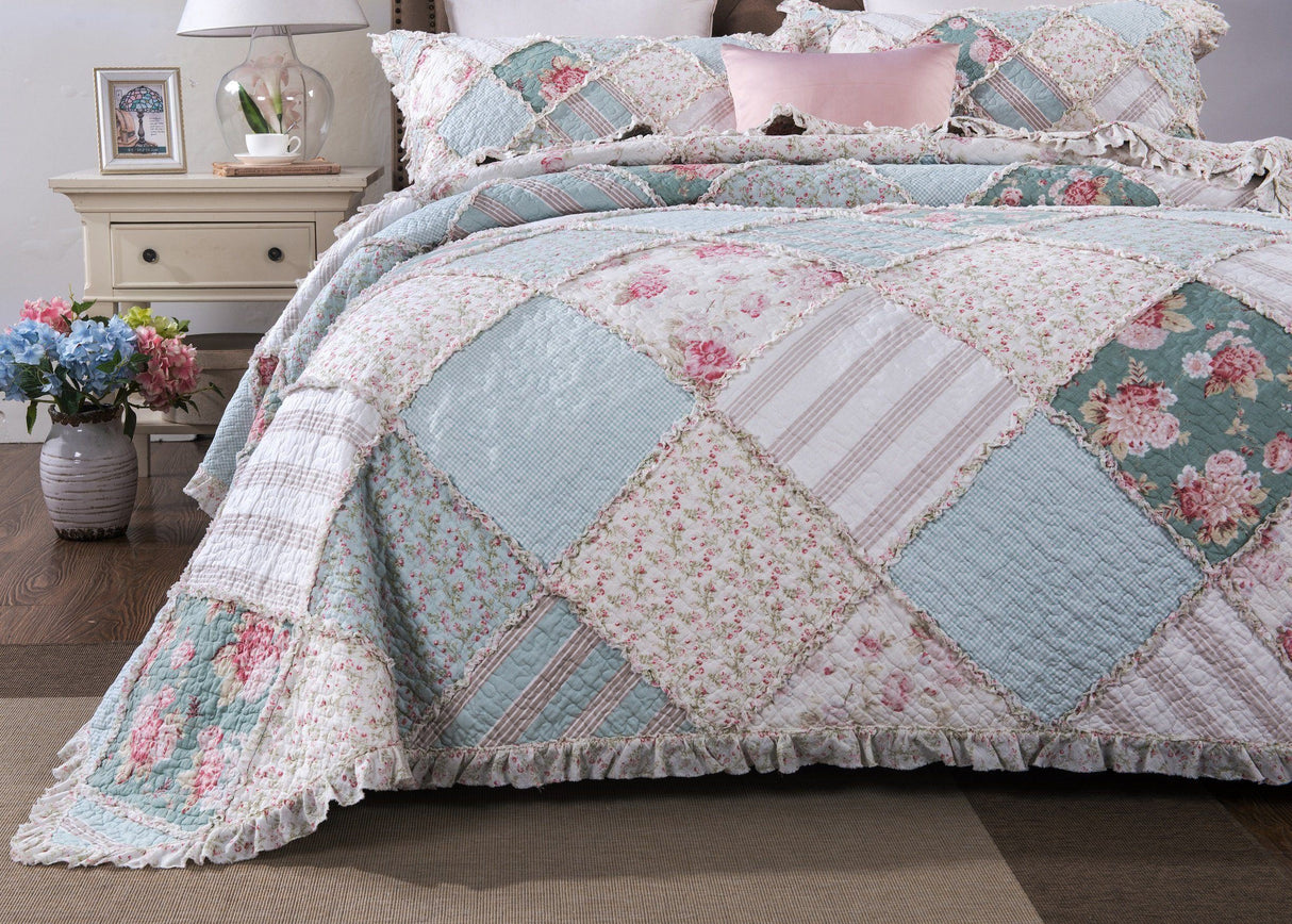 DaDa Bedding Hint of Mint Floral Pastel Cotton Patchwork Ruffle Bedspread Set (JHW-3036) from DaDalogy Bedding Collection