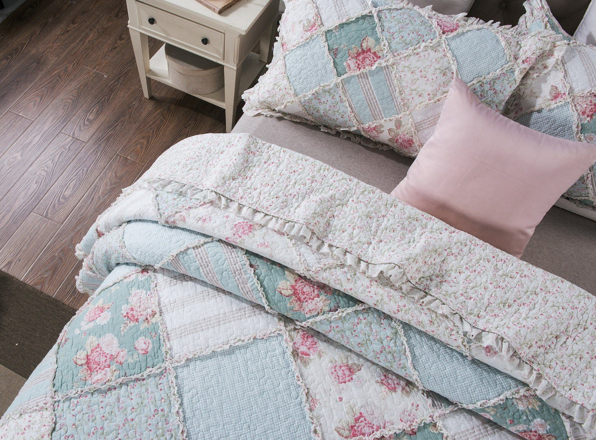 DaDa Bedding Hint of Mint Floral Pastel Cotton Patchwork Ruffle Bedspread Set (JHW-3036) from DaDalogy Bedding Collection