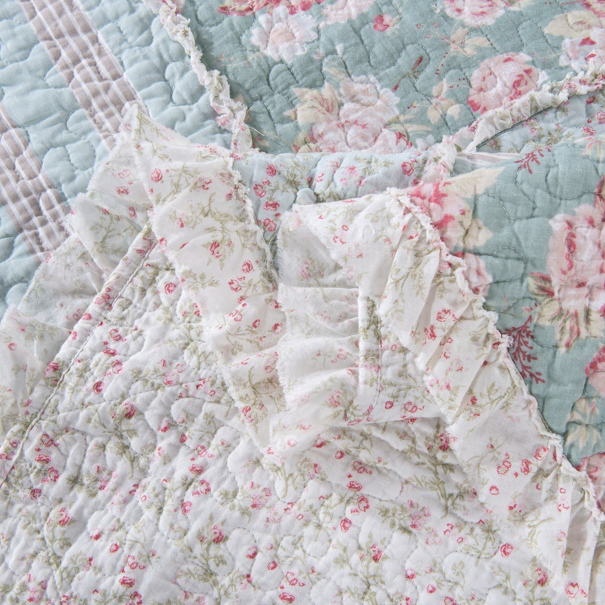 DaDa Bedding Hint of Mint Floral Pastel Cotton Patchwork Ruffle Bedspread Set (JHW-3036) from DaDalogy Bedding Collection