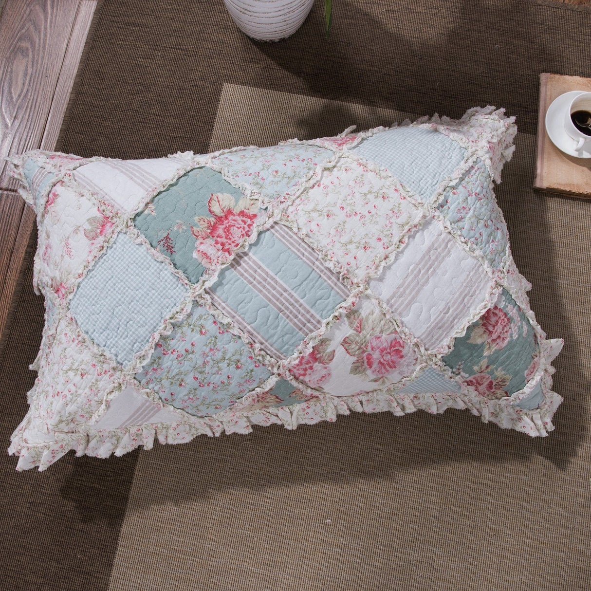 DaDa Bedding Hint of Mint Floral Pastel Cotton Patchwork Ruffle Bedspread Set (JHW-3036) from DaDalogy Bedding Collection