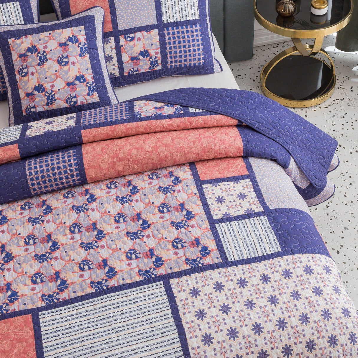 DaDa Bedding Peachy Pink Floral Blossoms Plum Purple Patchwork Quilted Bedspread Set - Designed in USA (JHW877) from DaDalogy Bedding Collection
