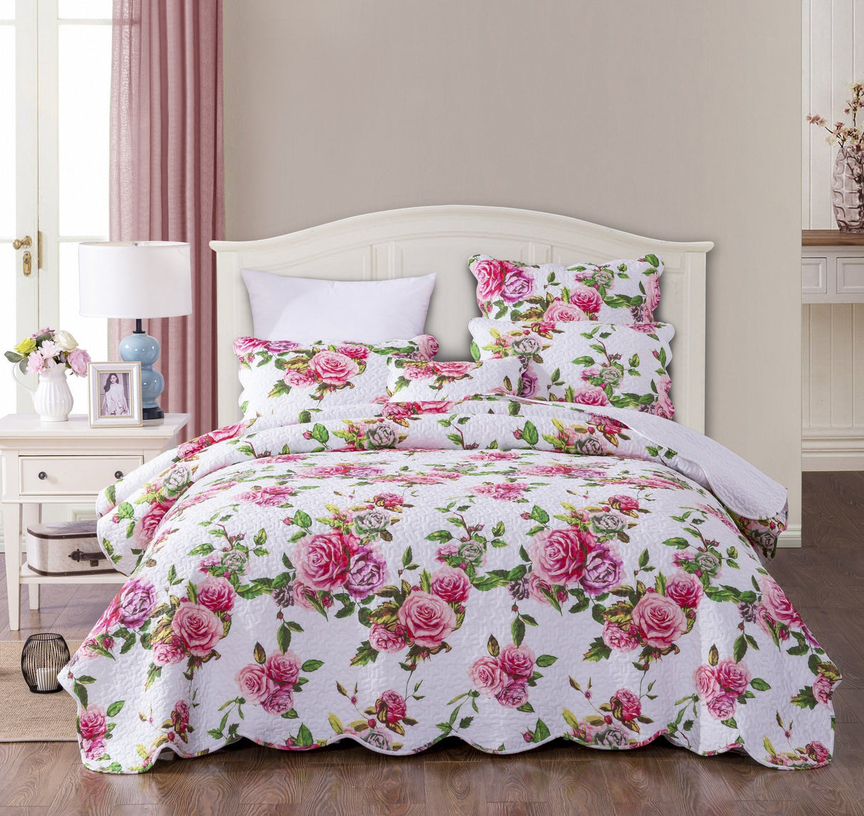 DaDa Bedding Romantic Roses Lovely Spring Pink Floral Quilted Scalloped Bedspread Set (JHW879) from DaDalogy Bedding Collection