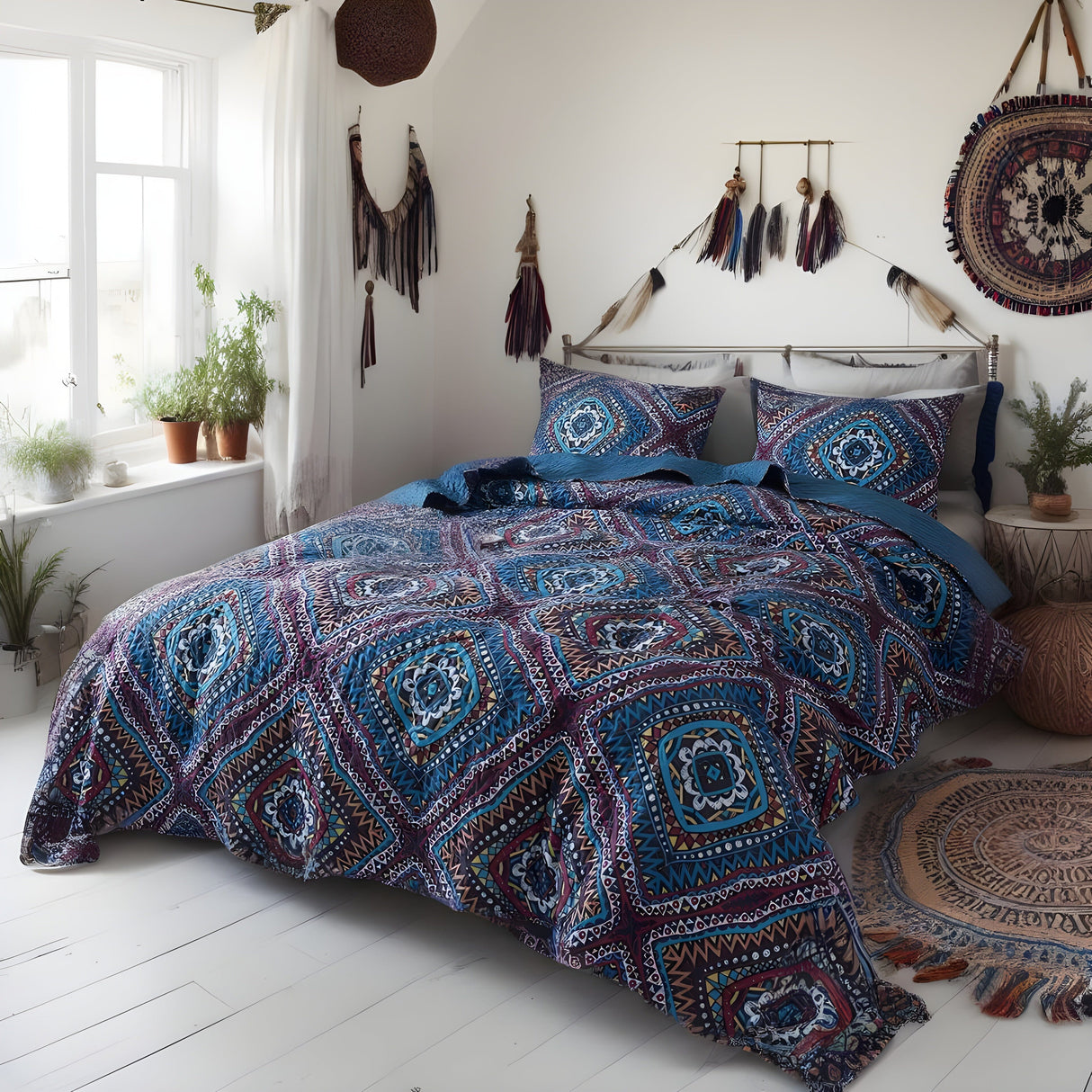 DaDa Bedding Farmhouse Bohemian Native Rustic Navy Blue Geometric Diamond Shapes Bedspread Set (KSX-001) from DaDalogy Bedding Collection