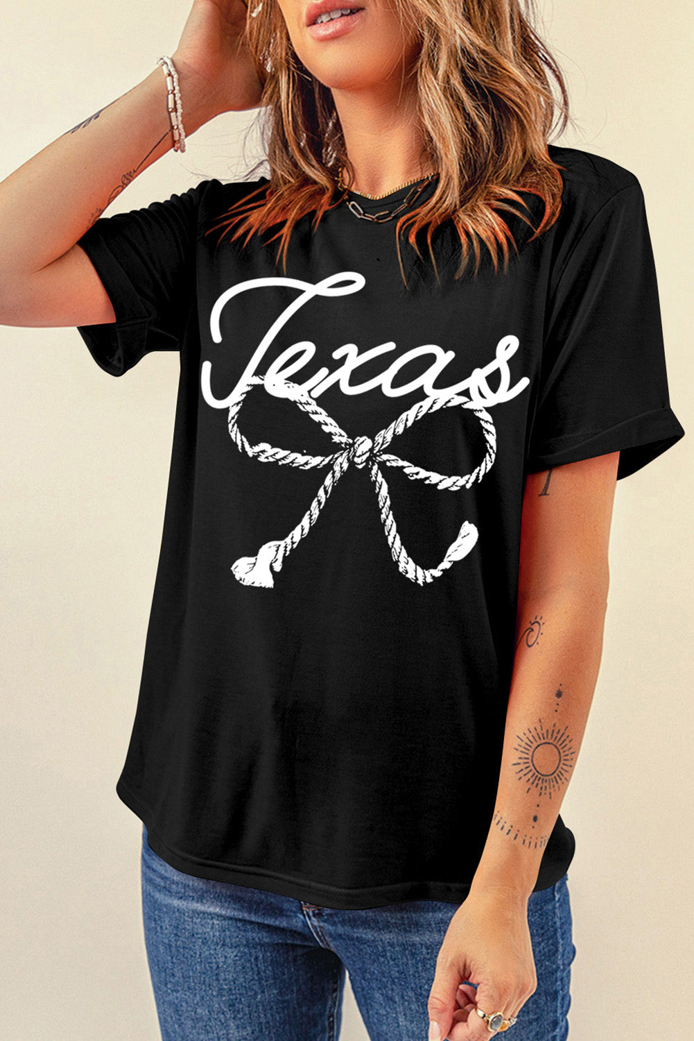 Black Texas Rope Bow Knot Print Crew Neck T Shirt from MsDressly