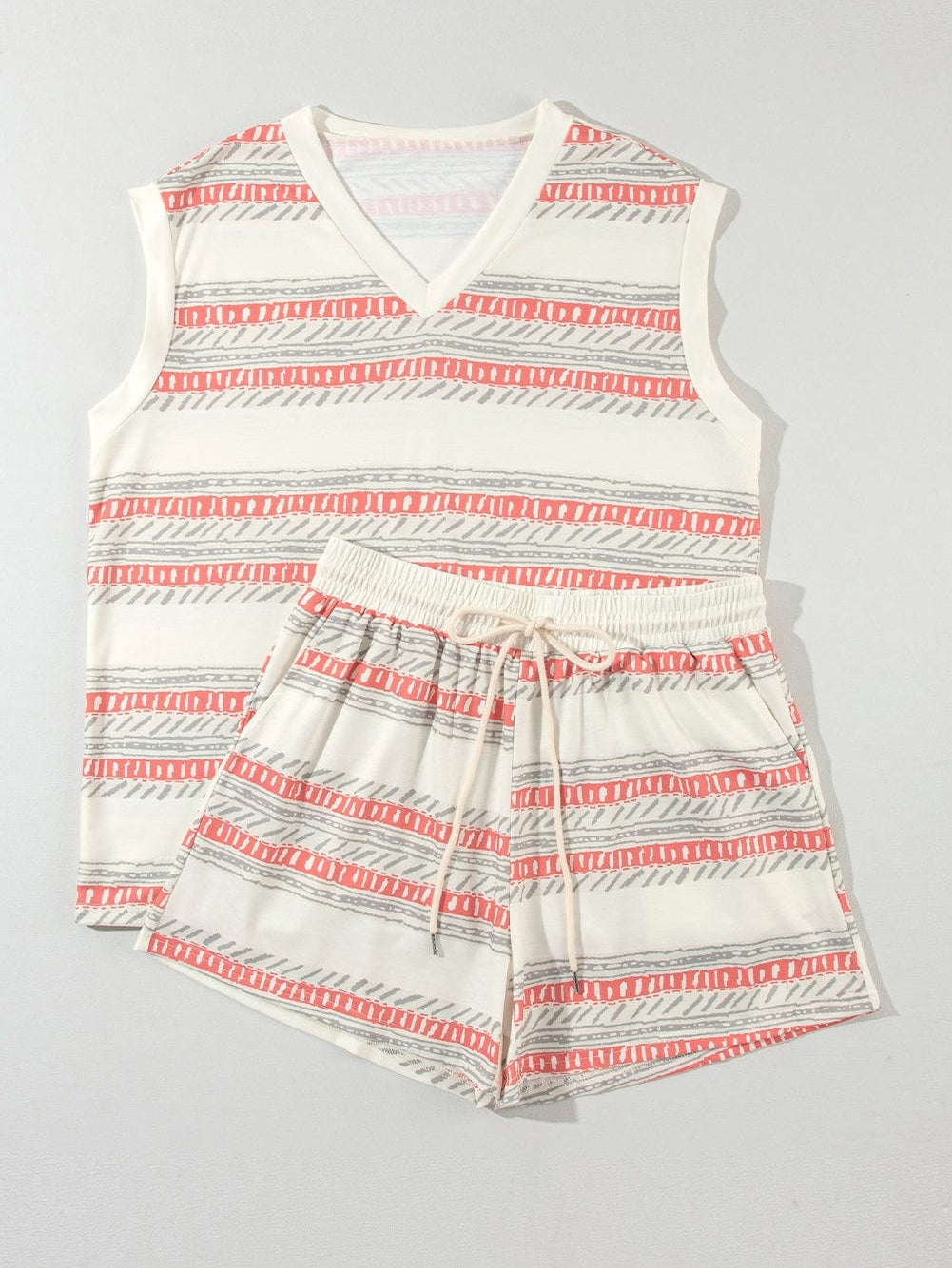 Beige Bohemian Striped Print Vacation Tank and Shorts Set from MsDressly