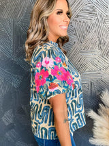 Beige Floral Embroidered Puff Sleeve Blouse with Frilled Neck from MsDressly