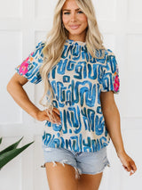 Beige Floral Embroidered Puff Sleeve Blouse with Frilled Neck from MsDressly