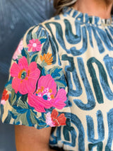 Beige Floral Embroidered Puff Sleeve Blouse with Frilled Neck from MsDressly