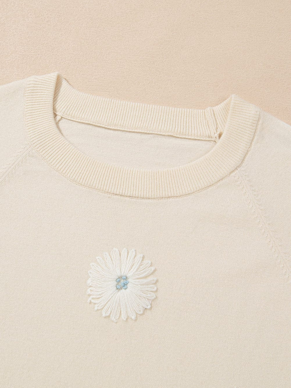 Beige Floral Embroidered Short Sleeve Knit Top from MsDressly