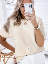 Beige Floral Embroidered Short Sleeve Knit Top from MsDressly