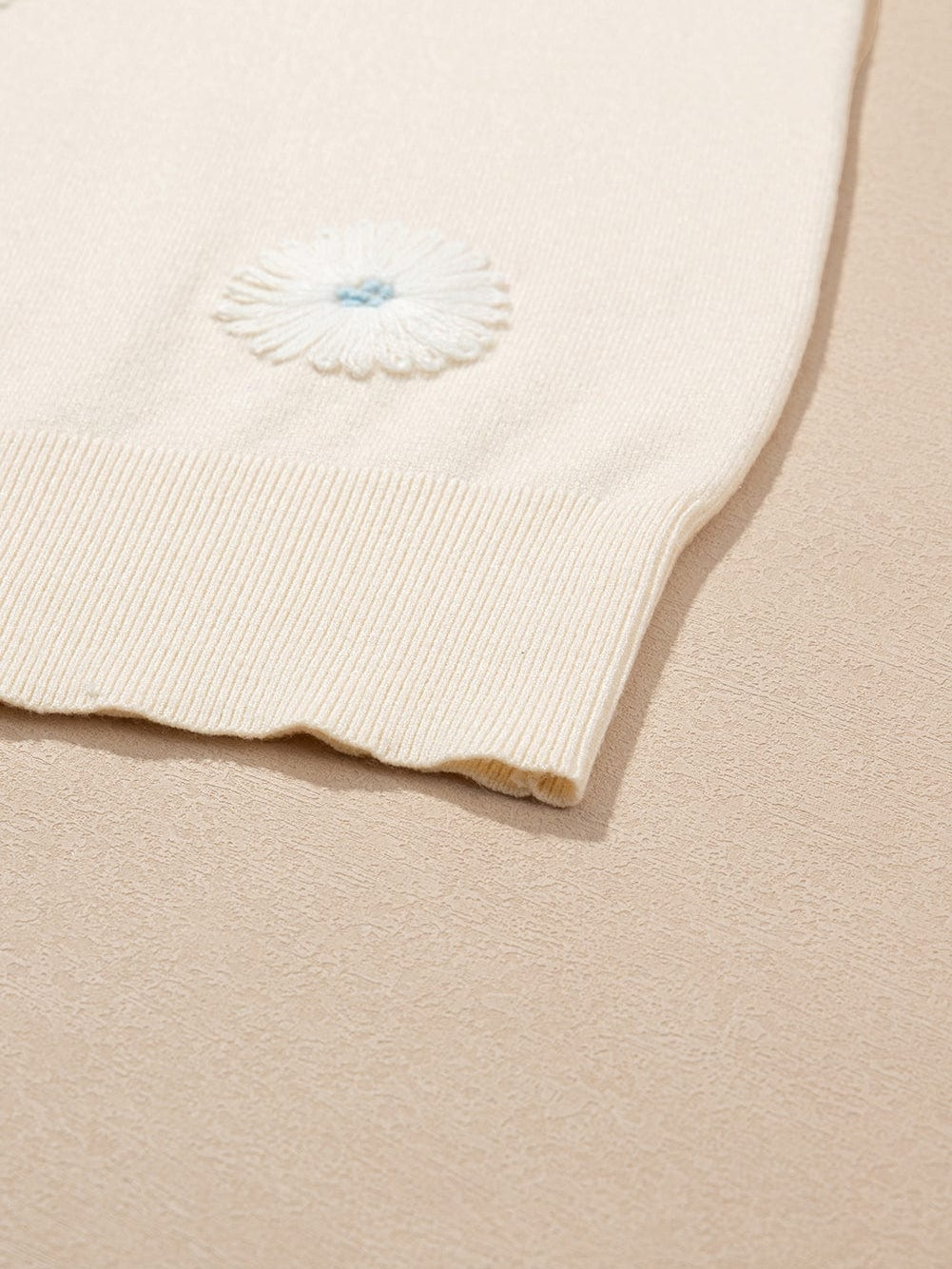 Beige Floral Embroidered Short Sleeve Knit Top from MsDressly