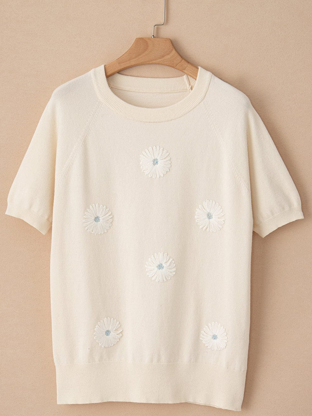 Beige Floral Embroidered Short Sleeve Knit Top from MsDressly
