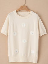 Beige Floral Embroidered Short Sleeve Knit Top from MsDressly