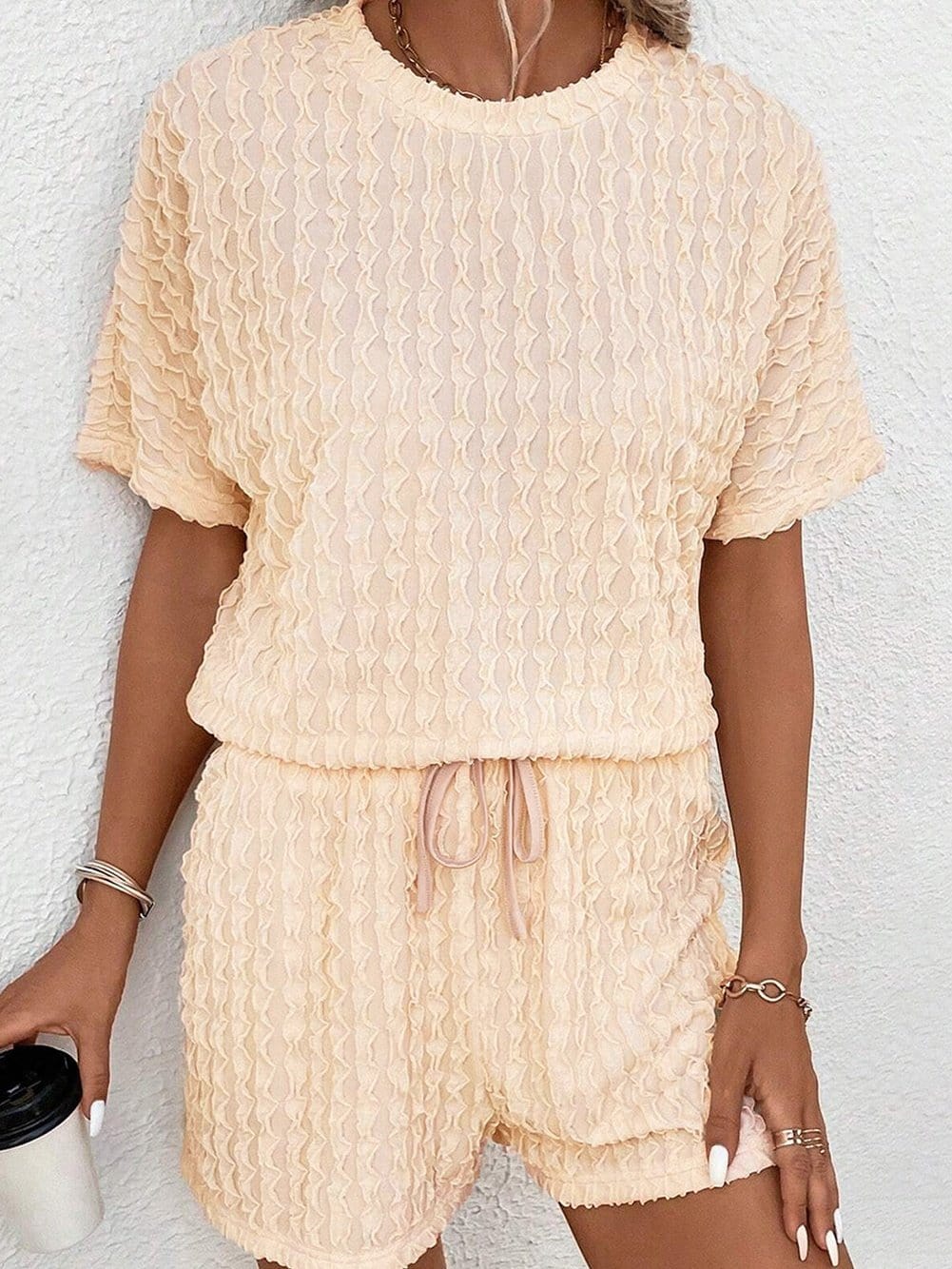 Beige Frill Textured Co-ord Set with Drawstring Shorts from MsDressly