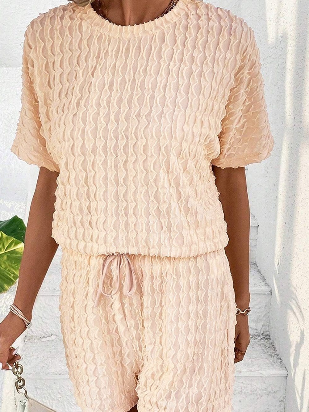 Beige Frill Textured Co-ord Set with Drawstring Shorts from MsDressly