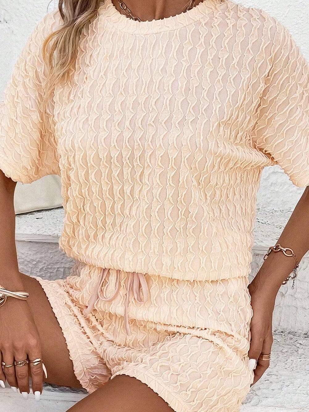 Beige Frill Textured Co-ord Set with Drawstring Shorts from MsDressly