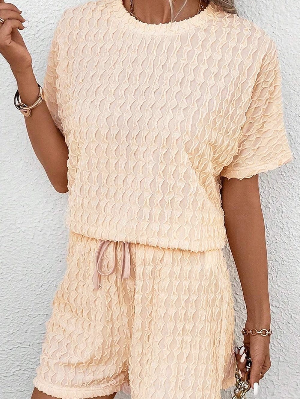 Beige Frill Textured Co-ord Set with Drawstring Shorts from MsDressly