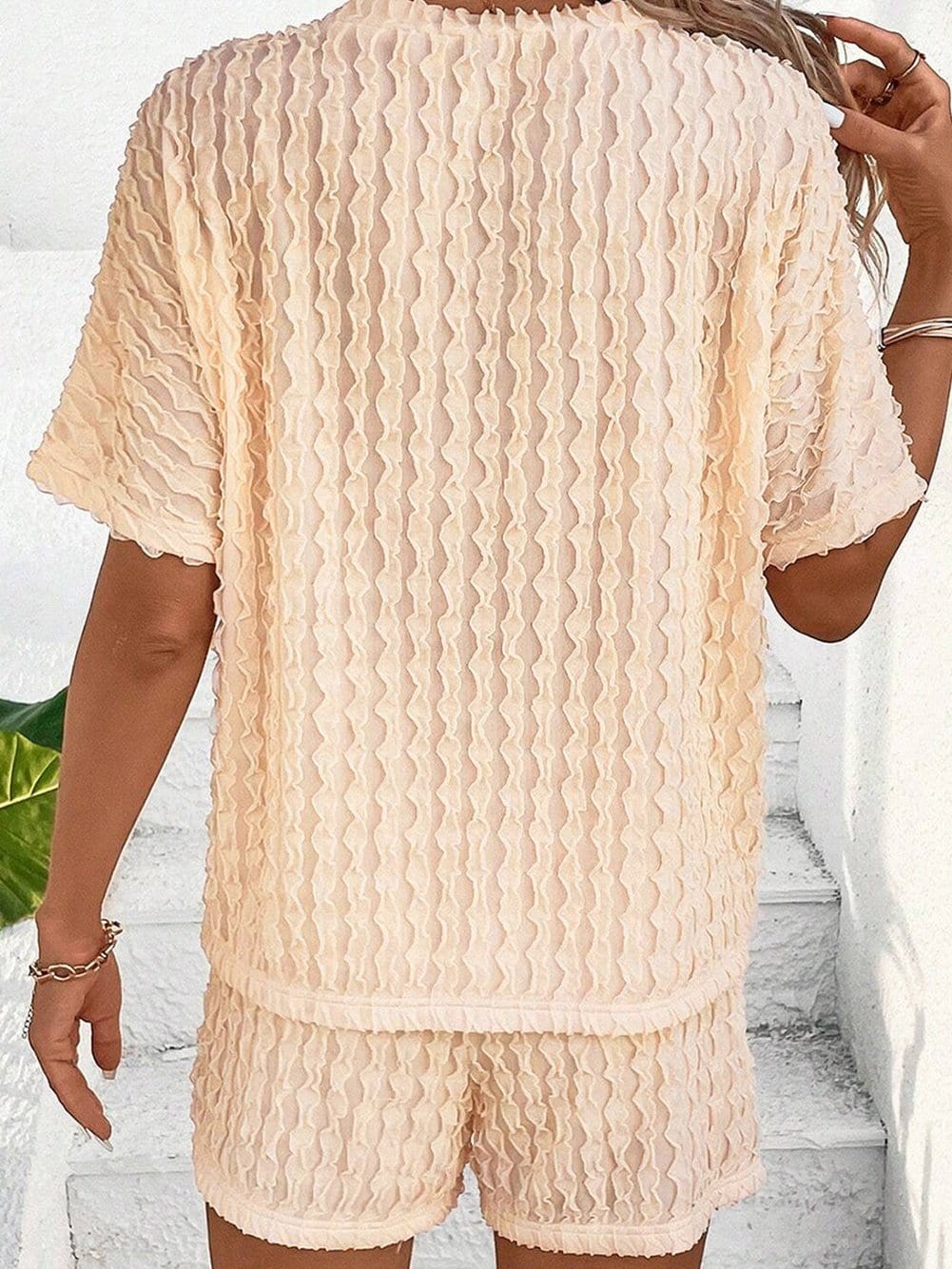 Beige Frill Textured Co-ord Set with Drawstring Shorts from MsDressly