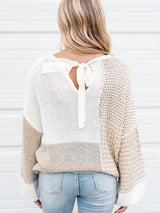 Beige Knit Tie Detail Drop Shoulder Sweater with Mixed Patterns from MsDressly