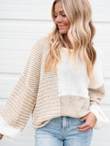Beige Knit Tie Detail Drop Shoulder Sweater with Mixed Patterns from MsDressly
