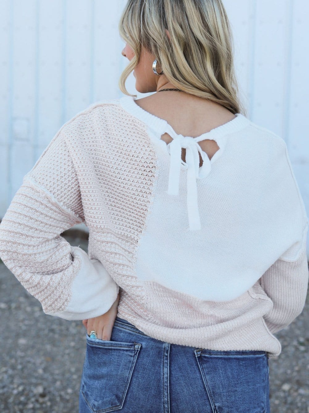 Beige Knit Tie Detail Drop Shoulder Sweater with Mixed Patterns from MsDressly