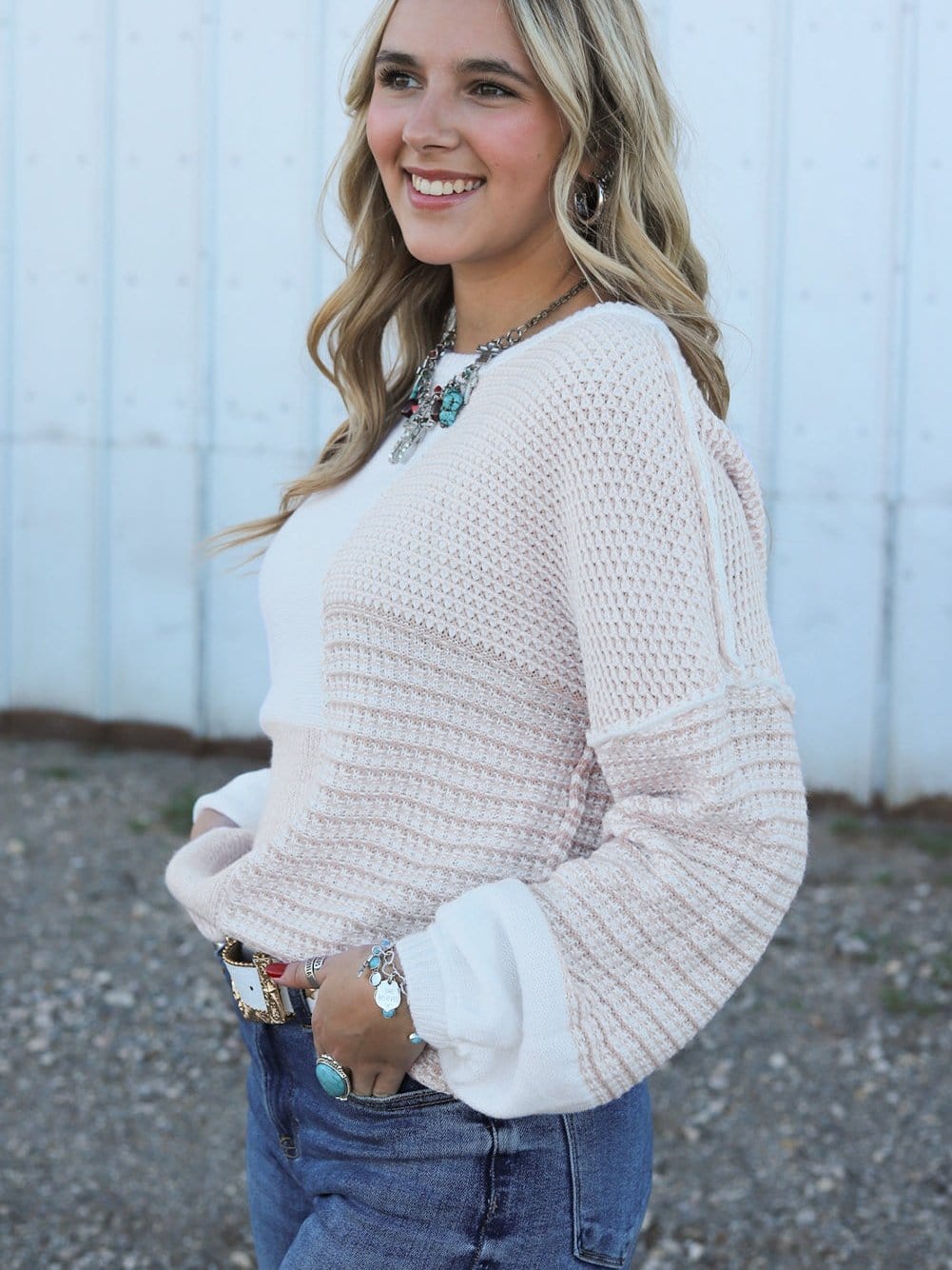 Beige Knit Tie Detail Drop Shoulder Sweater with Mixed Patterns from MsDressly