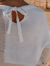 Beige Knit Tie Detail Drop Shoulder Sweater with Mixed Patterns from MsDressly