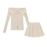 Beige Knit Two-Piece Set – Collared Cardigan & Pleated Skirt from Kawaii Stop